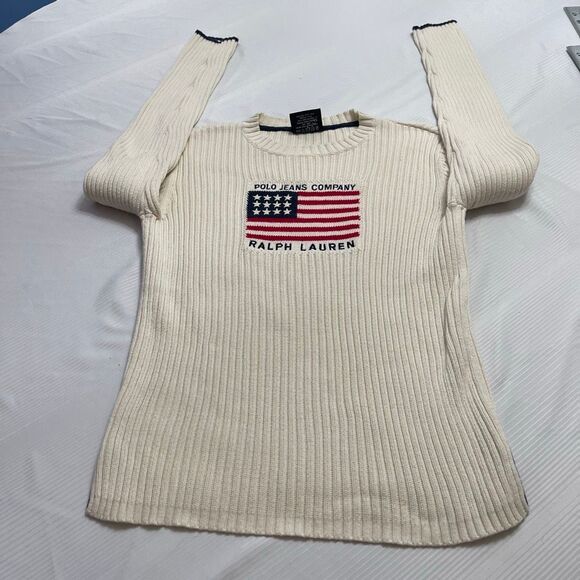 Vtg Ralph Lauren Sweater Womens L Cream US Flag Embroidered Crew Neck Cotton - Picture 5 of 8